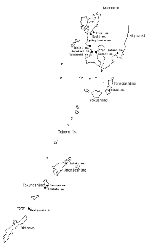 Fig.  1.  Geographic  distribution  of  Jomon  and  Yayoi  sites  yielding  the  remains  of  domestic  dog  in  Kagoshima    Prefecture; •  :  Jomon, O: Yayoi.