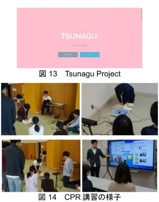 図 13  Tsunagu Project  図 14  CPR 講習の様子  特に,本システム機能の可視化・可聴化によって,体験型 訓練を実現させたが,エンターテイメント性を用いたシス テム機能も必要であると検討しており,エデュケーション とエンターテイメントを両立させることが今後の課題であ る