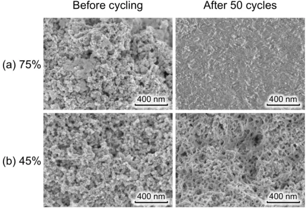 Figure 2-7. SEM images of the surface of SnO 2 /KB composite electrodes with SnO 2  = (a) 75 and (b) 45 