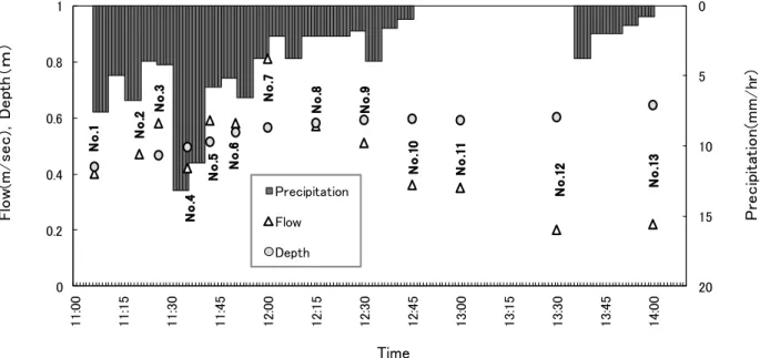 Fig. 3  Time courses of precipitation, flow velocity and water depth in the drainage