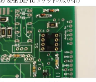 図  7 IC ソケットの取り付け  図  8 0.01μF（103）の取り付け  図  9 0.1μF（104）の取り付け  ⑥  8Pin DIP IC ソケットの取り付け  AD8307 を取り付ける DIP IC ソケットを取り付けます。  もし、ソケットを使う事で高周波特性が悪化するのが気になる場合はAD8307 を直付けしてもかまいません。その場合は IC ソケットの取り付けは不要です。 ⑦  積層セラミック・コンデンサの取り付け 0.01μF（103）の積層セラミック・コンデンサを 8Pin 