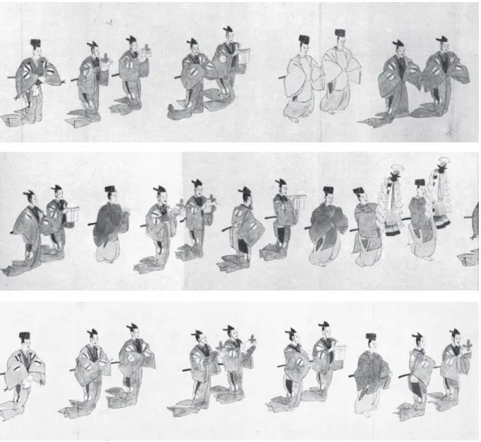 図 5　「江戸城本丸上棟式図」（部分拡大、先頭から順に。東京国立博物館蔵）Image: TMN Image Archives  順番 役目 位高さ 人数 装束 従者 人数 装束 備考 1番 棟槌役 中3,左6,右7 3 束帯/大紋 銚子加え 6 素襖 2番 四方堅槌役 8 4 槌役より下 銚子加え 8 （素襖） 3番 幣持 － 1 素襖 4番 棟札持 － 1 素襖 5番 随身 － 2 / 4 （記載なし） 棟梁が束帯なら随身を立て、棟梁が大 紋・布衣等であれば随身は立てない。 弓矢を持つ。 6番 幣役 1 