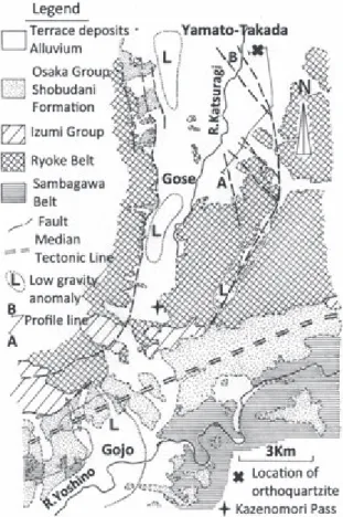 Fig. 5  Generalized geological map of the area from Yamato-Takada  to Gojo, compiled after Mizuno et al