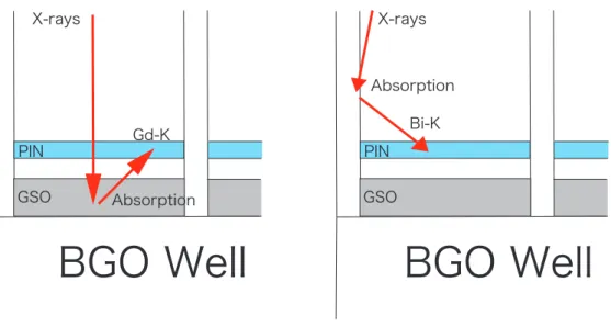 Figure 4.1: Illustration of an event in which Gd-K X-ray is detected with a PIN diode (left) and in which Bi-K is detected.