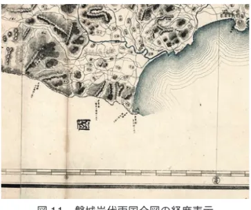 図 12　磐城岩代両国全図の地図記号大きさは 139 × 158cm，表紙付きの折りたたみ図（25× 19cm）となっている。全域を 8 つに分割し，黒及び青の 2 色で印刷した部分図を貼り合わせて作成されている。印刷会社は前年の明治 11 年に「神奈川県管内図」の印刷を行った東京の玄々堂である。定価 1 円25 銭と表示されているので，行政のみならず民間での利用も想定して印刷，刊行されたものと思われる。「両国全図」には，作成された当時の行政事情を反映し，東蒲原郡（現新潟県）及び伊具，刈田，亘理の三郡（現宮