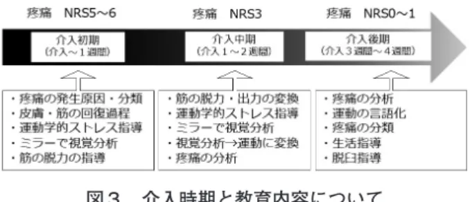 表 2 に診療中の会話から患者の身体経験に関わる 語りを記述し、それらを介入初期と介入後期に大別 して整理したものを示す。介入初期では、「動くと 痛くなりそうだから動かさない」といった運動に疼 痛の予測や恐怖を内包する記述であったが、介入後 期では「動かしても痛くない」と運動に疼痛や恐怖 感はなく回復を示す記述へと変化した。図 2 に介入 前後での起立動作と膝関節伸展可動域について示 す。起立動作は左右対称性が改善し、膝関節伸展可 動域および防御性収縮が改善しベッド上で完全に股 関節・膝関節伸展が可能となっ