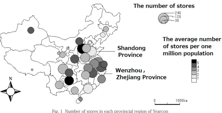 Fig. 1  Number of stores in each provincial region of Yearcon (The number of stores and the average number of stores per one million population)