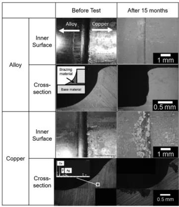 Fig. 4　 Observations of the inner surfaces and the cross sections of the  alloy and the copper tubes：brazing part.