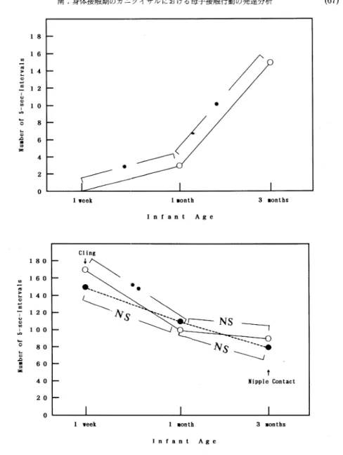 Fig.  2a  and  2b  Developmental  changes  of  infant's  locomotion  (2a,  above),  and  clinging  and  nipple  contact  begaviors  (2b,  below)  at  1  week,  1 month,  and  3  months  of  infant  age.