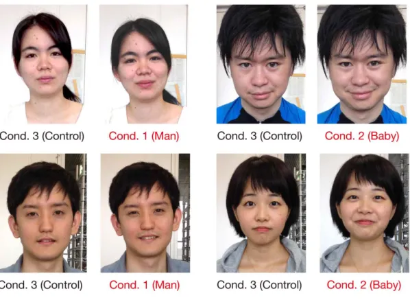 図 11 提案したシステムによって撮影出来た画像の例 ( 左 : 統制条件 , 右 : 笑い声提 示条件 )