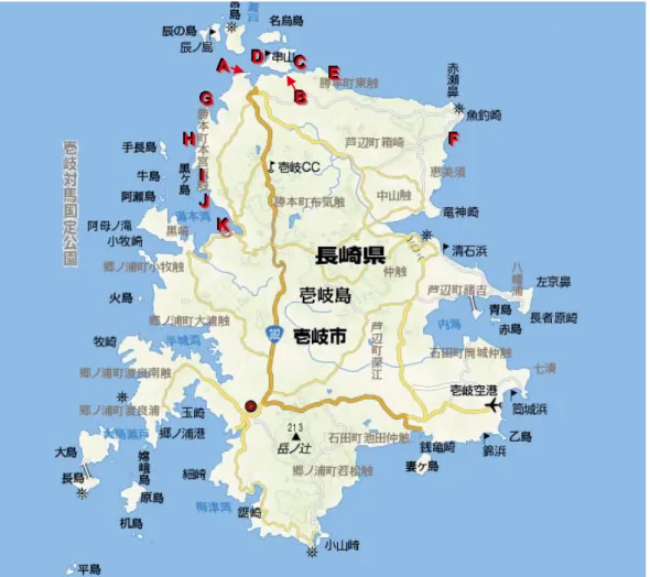 図 4-6  壱岐島の全体図  （ 3）調査結果と考察      対馬ではまず厳原港より南側について調査を行った。島の南東はごみが少なかったため、図 4-5 南側の A 地点から D 地点まで一日目の午前中に調査を行い、午後に島の北東部の E 地点から北西 部の M 地点まで、二日目に島の西側の N 地点及び O 地点の現場の調査を行った。    また、壱岐島では時間の制約から島の北東部、魚釣崎から西部の湯本湾にかけて漂着ごみの実 態調査を行った。     1）対馬での実態調査  対馬において最もごみが漂着