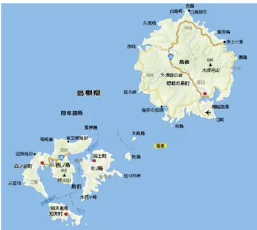 図 4-2  隠岐諸島における、西ノ島（左下）と隠岐の島（右上）の位置関係  図 4-3  調査を行った隠岐の島町全体図 AAABBBCCCDD DEEEFF FHH HIIIJJ JKKKLL LMMMNNN O O O P P P Q Q QRRRSSSGGG