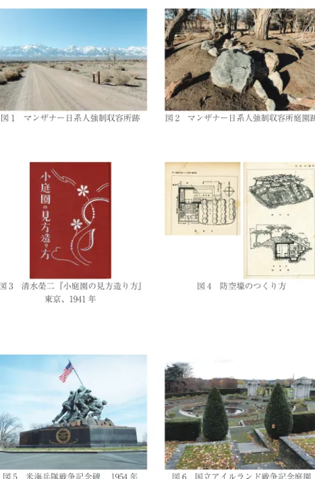 図 3 清水榮二『小庭園の見方造り方』 東京、1941 年 図 1 マンザナー日系人強制収容所跡 図 4 防空壕のつくり方 図 2 マンザナー日系人強制収容所庭園跡 図 5 米海兵隊戦争記念碑  1954 年 図 6 国立アイルランド戦争記念庭園