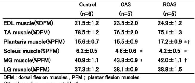Table 7. Relative value to dorsal flexion or to plantar flexion muscles weights              in each group.