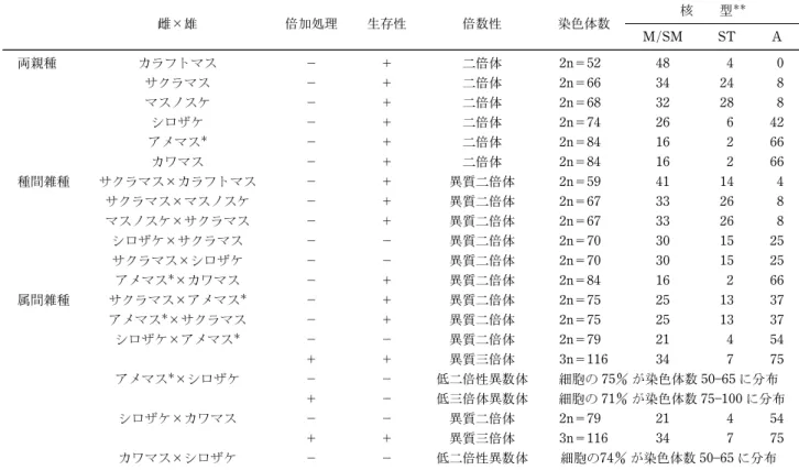 表 2 サケ科魚類の種間属間雑種の生存性，倍数性，染色体数および核型 雌×雄 倍加処理 生存性 倍数性 染色体数 核 型 M/SM ST A 両親種 カラフトマス － ＋ 二倍体 2n＝52 48 4 0 サクラマス － ＋ 二倍体 2n＝66 34 24 8 マスノスケ － ＋ 二倍体 2n＝68 32 28 8 シロザケ － ＋ 二倍体 2n＝74 26 6 42 アメマス － ＋ 二倍体 2n＝84 16 2 66 カワマス － ＋ 二倍体 2n＝84 16 2 66 種間雑種 サクラマス×カ