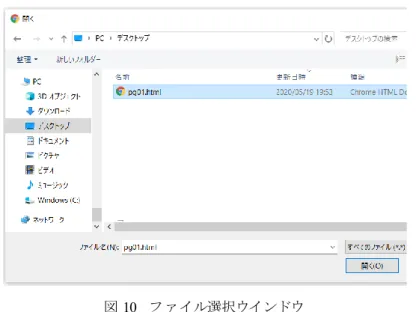 図 10  ファイル選択ウインドウ  アップローダー画面には，選択されたファイル名が表示される（図 11 参照）。さらに，ア ップロードするためには 「上書きしない」 のチェックを外さなければならないようにしている。 これは間違えてアップロードするのを防ぐための措置であり，特にパソコン上の別のフォル ダにある同じファイル名のファイルをアップロードすることによるトラブルに注意するため の措置である。チェックを外す行為によって毎回アップロードするファイルが正しいのかを 確認する機会を作っていることになる。そして