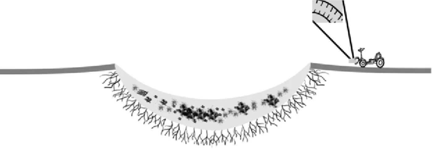 Figure 4. Schematic drawing illustrating a rover at an impact site sampling ejecta that have  been excavated from great depths