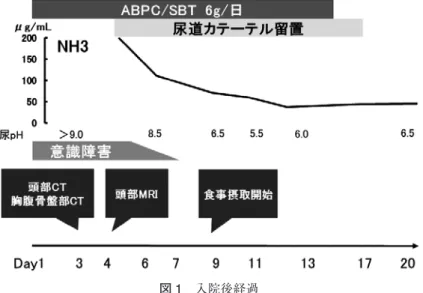図 1 入院後経過 尿路感染症に対し ABPC/SBT6 g/日を投与していたが意識障害が出現した．尿道カテーテル留置後 アンモニア値は低下した．意識障害も改善し第 9 病日には食事摂取も可能になった．尿 pH も経過と ともに正常になった． 図 2 頭部 MRI 検査 両側視床（矢印）に拡散強調像で高信号域を認め，高ア ンモニア血症による脳症に矛盾しない所見であった． 昇，膀胱の過伸展をきたし膀胱静脈叢へのアンモニア取 り込みが亢進する．膀胱静脈叢から取り込まれたアンモ ニアは門脈を介さず直接下大静脈に流