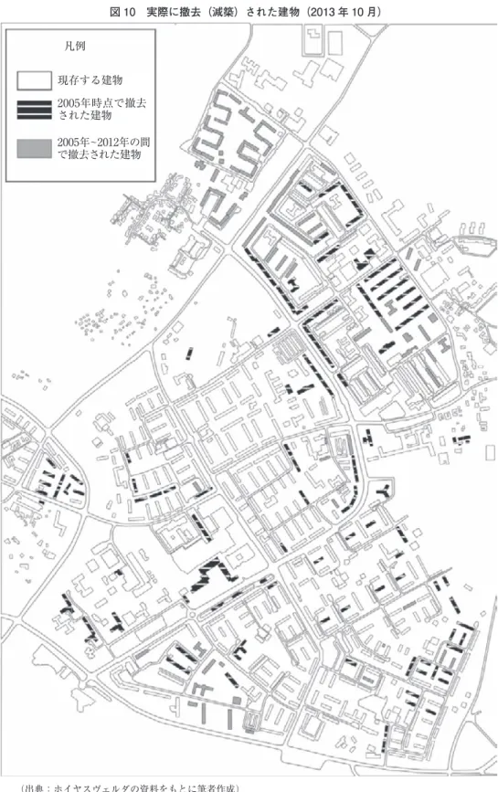 図 10　実際に撤去（減築）された建物（2013 年 10 月） 凡例 現存する建物 2005年時点で撤去 された建物 2005年~2012年の間 で撤去された建物 （出典：ホイヤスヴェルダの資料をもとに筆者作成）