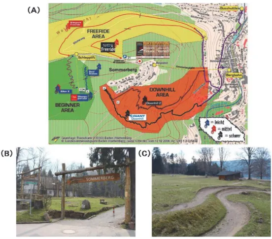 Fig. 3　A: Bicycle parks in the Sommerberg area. B: The entrance leading to the hiking and  bicycle trails