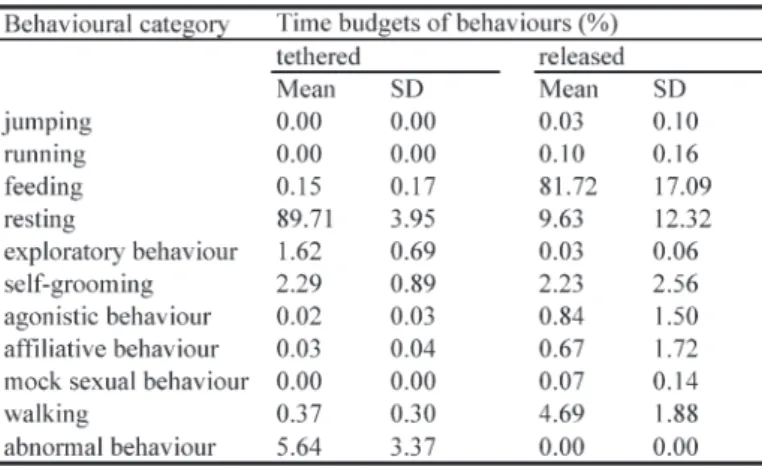 Table  2  Behaviour  and  time  budgets  of  cattle  when  tethered in an indoor pen and when released to the  outdoor paddock