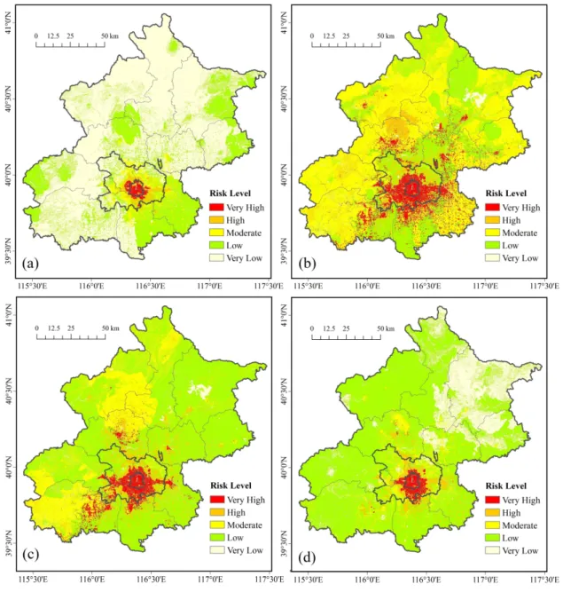 Figure 7. The final heat health risk of Beijing in (a) 2008; (b) 2009; (c) 2010; and (d) 2011