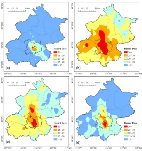 Figure 4. The number of hazard days in (a) 2008; (b) 2009; (c) 2010; and (d) 2011. 