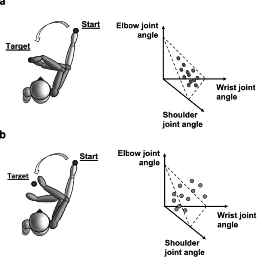 Fig. 3　3D space of joint angles and the UCM during reaching task.