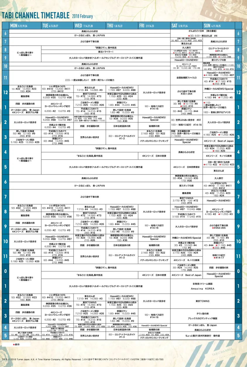 TABI CHANNEL TIMETABLE   2018 February