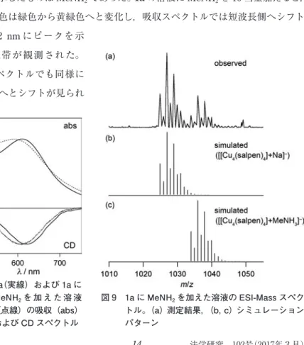 図 9　1a に MeNH 2 を加えた溶液の ESI-Mass スペク トル。（a）測定結果，（b,c）シミュレーション パターン