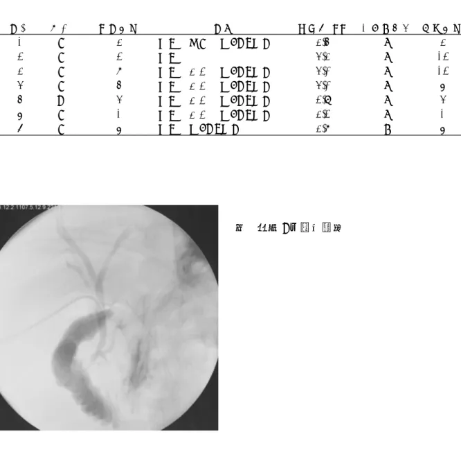 図  症例 7 の術中造影 症例性別発症年齢症状胆管径 (mm) 合流異常型 手術年齢1F3腹痛、黄疸、高AMY血症3.5B32F2腹痛4.3B123F8腹痛、嘔吐、高AMY血症4.0B124F5腹痛、嘔吐、高AMY血症4.0B65M4腹痛、嘔吐、高AMY血症2.9B46F1腹痛、嘔吐、高AMY血症3.2B17F6腹痛、高AMY血症3.8D6 17