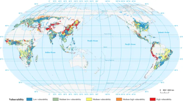 Figure 10. Vulnerability of global maize to drought (0.0833 ◦ × 0.0833 ◦ ). The vulnerability assessment results were divided into five levels based on the method of natural breaks (jenks) in ArcGIS