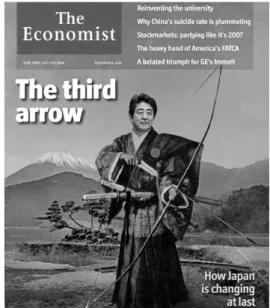 図表 30  アベノミクス第 3 の矢（改定版）を報じる海外誌 （出所）The Economist 誌（2014）の表紙 支出を資金面で実質的に支援するかたちになっている（33）。すなわち，日銀の国債買い入れ額は，国債の毎月発行額の実に約7割にも達している（34）。これは，財政の赤字を実質的に日銀が補填していることを示しており，財政再建の圧力を減じる（財政再建をそれだけ遅らせる）要因になっている。日銀の異次元緩和（国債の大量買い上げ）が長く続けば続くほど，日本経済の長期安定的な発展のための課題である財政再建