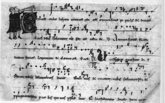 Figura 1. Ejemplo de notación neumática italiana beneventana: Antifonario de Benevento, siglo  xii