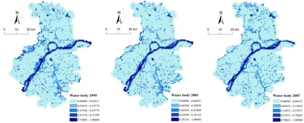 Figure 4. Developed area of Nanjing at a parcel level, 1995, 2001, and 2007.  Note: the legend data is the share of developed land, arable land, and water  Figure 4