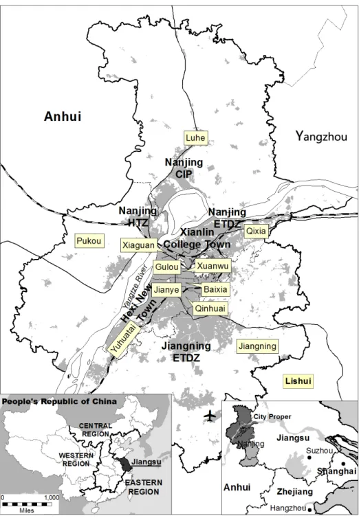 Figure 1. Location and spatial organization of Nanjing, China. (HTDZ: High-Tech Development Zone; ETDZ: Economic and Technical Development Zone.)