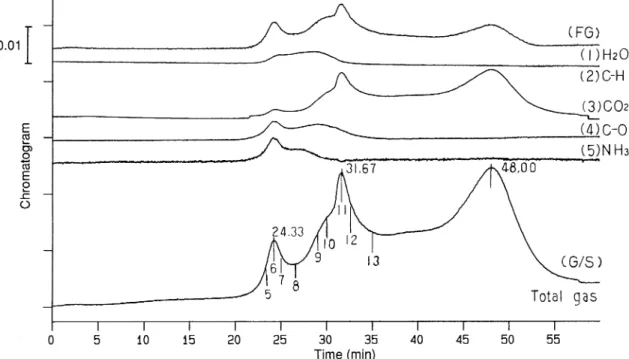 Fig. 4  Gas profiles calculated from interferograms with TG-DTA-FTIR. 