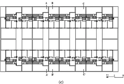 Figure 11. (a) Ground-floor; (b) First floor; and (c) Second floor plans.  Figure 11. (a) Ground-floor; (b) First floor; and (c) Second floor plans.