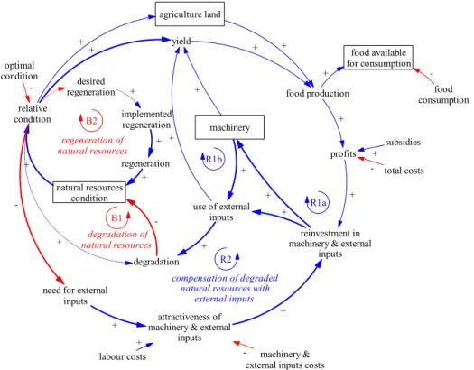 Figure 4. Causal loop diagram representing the relationship between food production and natural resources condition (B1, B2, R2); some links are omitted for visual clarity.
