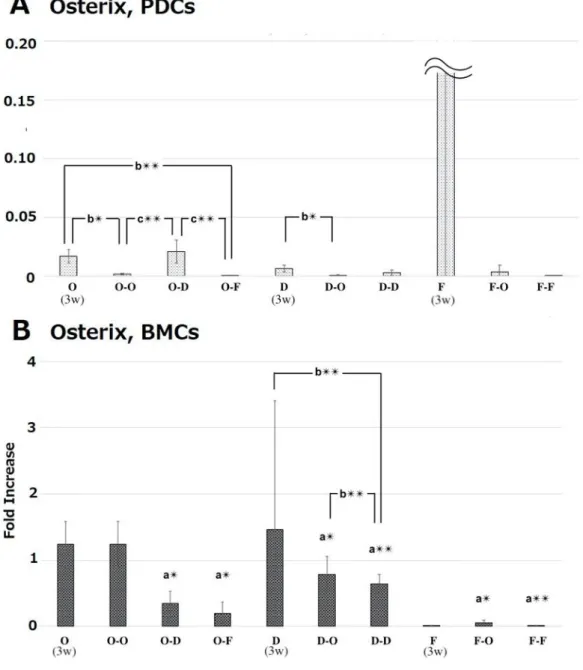 Fig. 9 mRNA expression levels of Runx2 in periosteum-derived cells (PDCs) and in bone  marrow derived-cells (BMCs) at 5 weeks