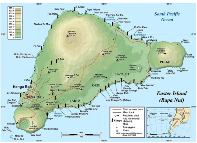 Figure 1.  Location and map of Easter Island, Chile (Source: Wikimedia Commons [92]). 