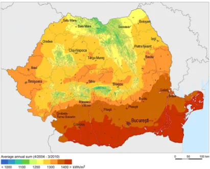 Figure 1. Average monthly global irradiation received on a horizontal plane in Romania [ 12 ].