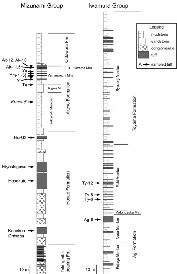 Fig.  2.  瑞浪層群と岩村層群の模式柱状図（笹尾ほか ,  2011 ）．瑞浪層群の柱状図は，著者（林）
