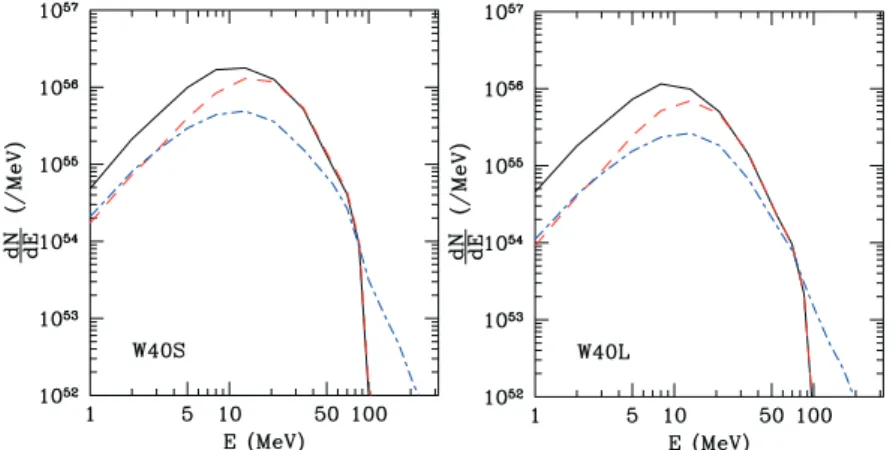 FIG. 5: Time-integrated spectra before the neutrino oscillation for models W40S (left) and W40L (right)