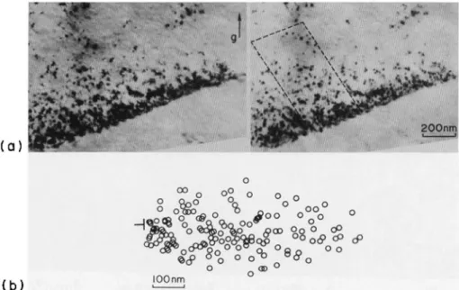 Fig. 2 Distribution of interstitial type dislocation loops near an edge dislocation in fusion neutron irradiated Ni2 atCu by the RTNS  at 563 K to 3.1×10 －3 dpa, revealed by stereo pair micrographs (a), and measured distribution (b).