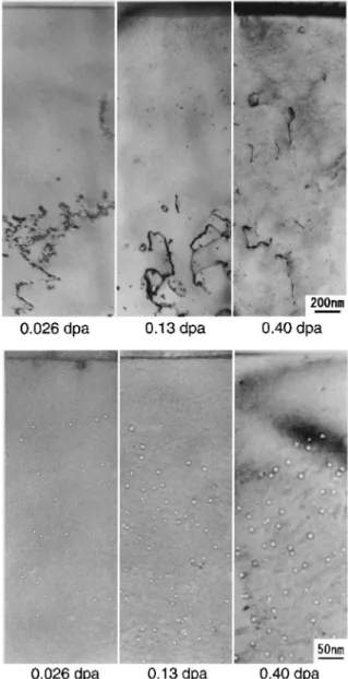 Fig. 10 Damage structures near grain boundaries (upper parts) in fission neutron irradiated Ni by the JMTR at 563 K.