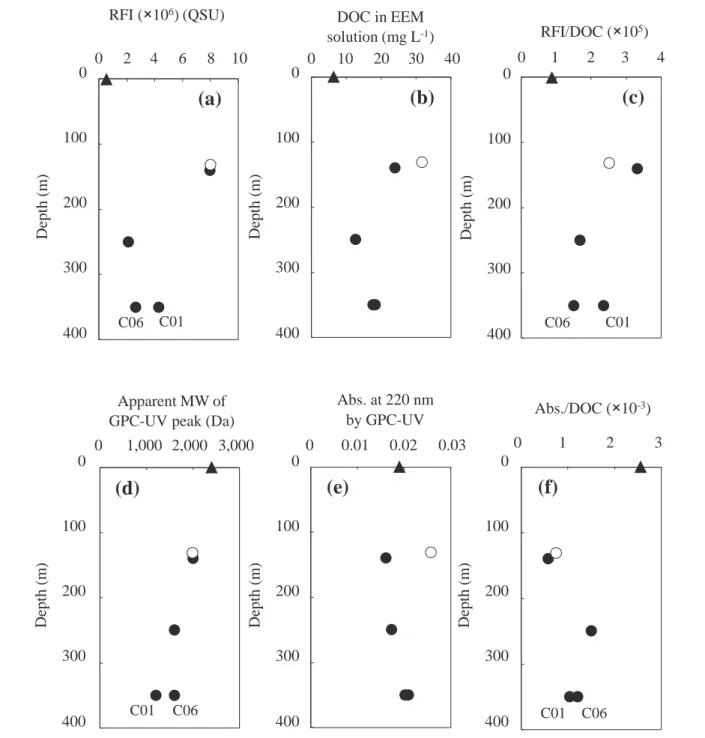 Fig. 6　Vertical distribution of parameters regarding characteristics of humic substances.