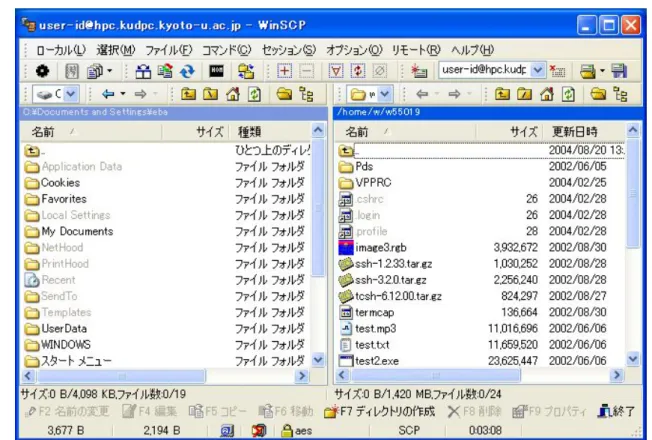 図 14: 接続するホストに対する警告 利用者認証が完了すると図 15 のような WinSCP のウィンドウが開きます．インターフェーススタイルがノー トンコマンダの場合は，左側にローカルマシン (PC) のファイルシステムが，右側にリモートマシン (HPC2500) のファイルシステムが表示されます． HPC2500 とのファイル転送は，転送元のファイルやフォルダ (ディレクトリ) をマウスで選択 (ドラッグ) し て，転送先のフォルダ (ディレクトリ) を指定 (ドロップ) するような，簡単なマウス操作