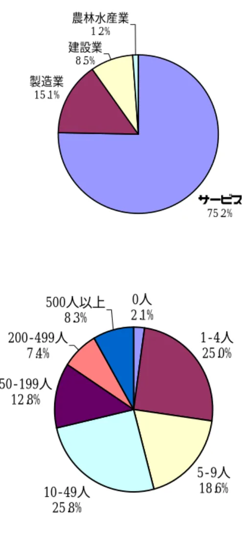 図 28 資格取得契約利用企業のセクター・規模別割合  サービス 75.2%製造業15.1%建設業8.5%農林水産業1.2% 0人 2.1% 1-4人 25.0% 5-9人 18.6% 10-49人 25.8%50-199人12.8%200-499人7.4% 500人以上8.3% （資料出所）Centre INFFO 2000 年統計  ﾊ)  雇用適応契約   ◆目的：  補完研修により雇用あるいはある特定のタイプの雇用への適応を可能にする   ◆対象： 16-25 歳の若年者   ◆雇用主：  継続的職