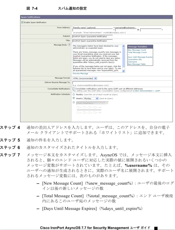 図 7-4 スパム通知の設定 ステップ 4 通知の差出人アドレスを入力します。ユーザは、このアドレスを、自分の電子 メール クライアントでサポートされる「ホワイトリスト」に追加できます。 ステップ 5 通知の件名を入力します。 ステップ 6 通知のカスタマイズされたタイトルを入力します。 ステップ 7 メッセージ本文をカスタマイズします。 AsyncOS  では、メッセージ本文に挿入 されると、個々のエンド ユーザに対応した実際の値に展開されるいくつかの メッセージ変数がサポートされています。たとえば、 %